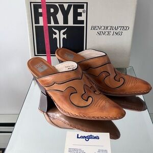 Vintage Frye Phoenix Cognac Leather Western Cowboy Slip On Mules Boots w/ box 8